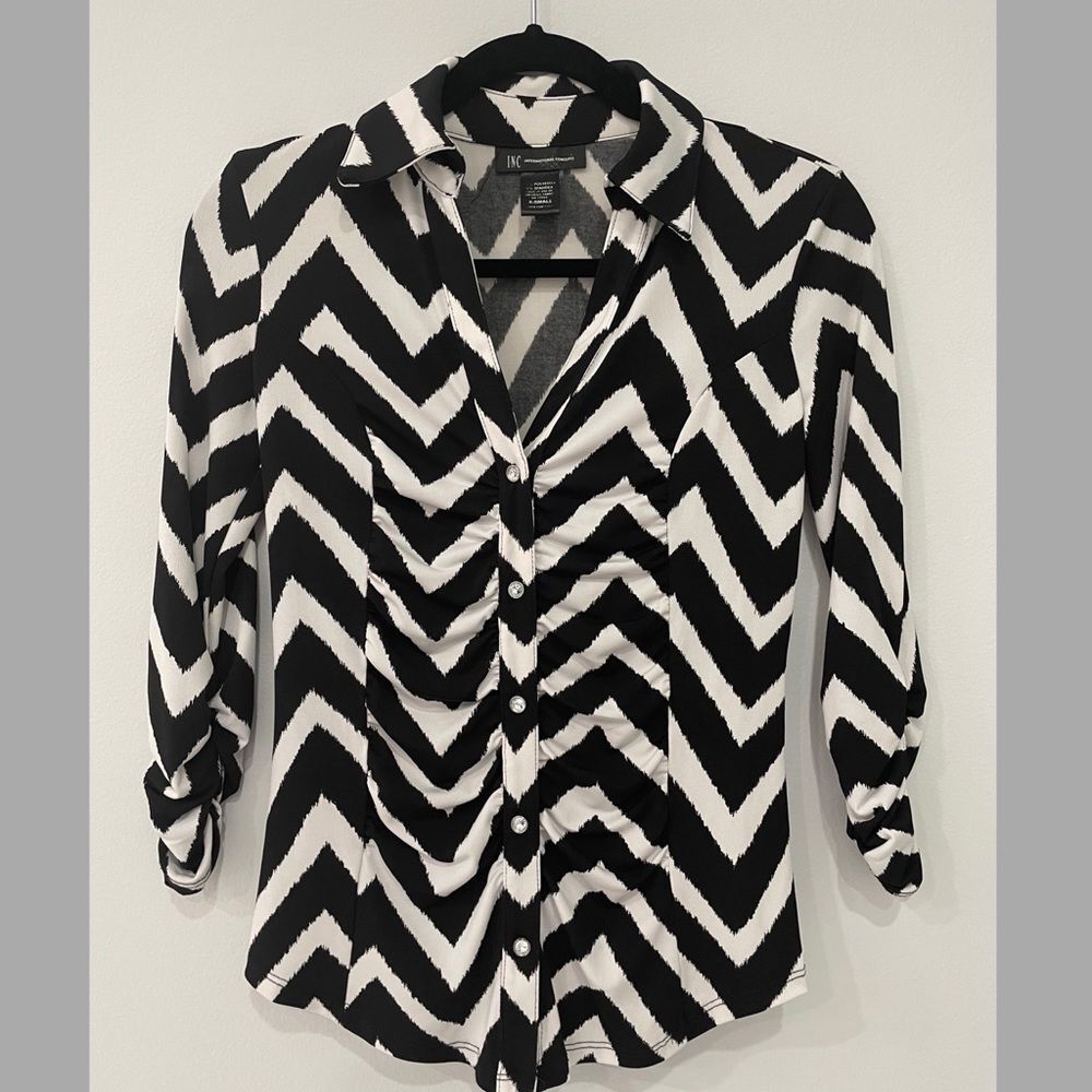 INC International Concepts Black/White Blouse Long Sleeve Size Xs